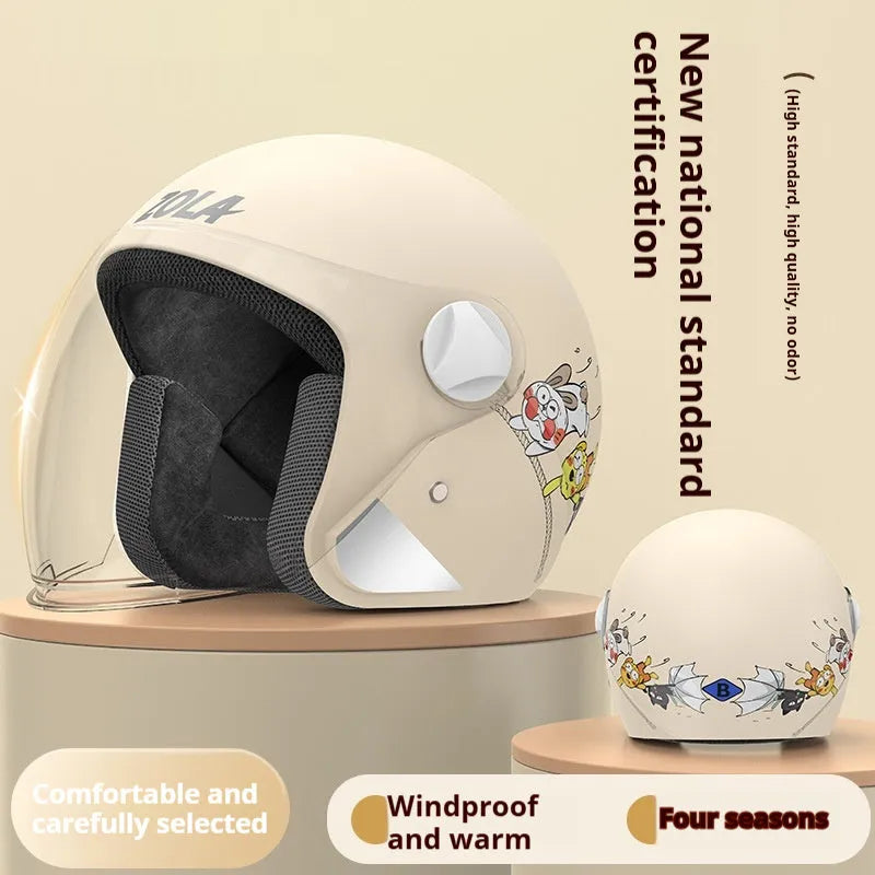 Blue winter electric bicycle helmet with anti-fog visor and attached neck scarf.