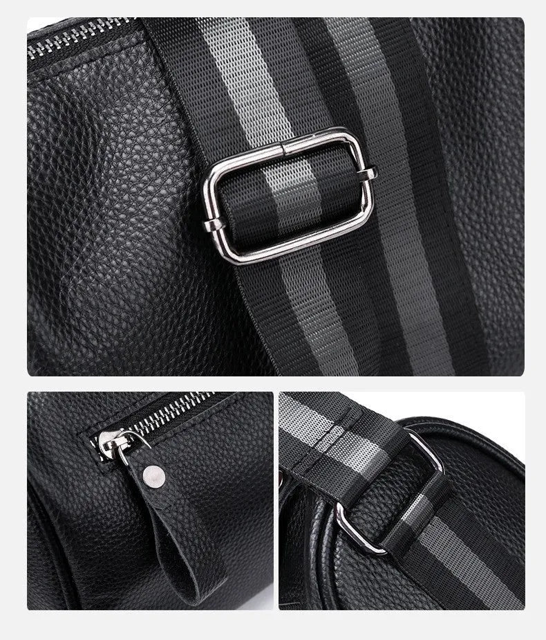 Black genuine leather one-shoulder crossbody bag showing front view and size.