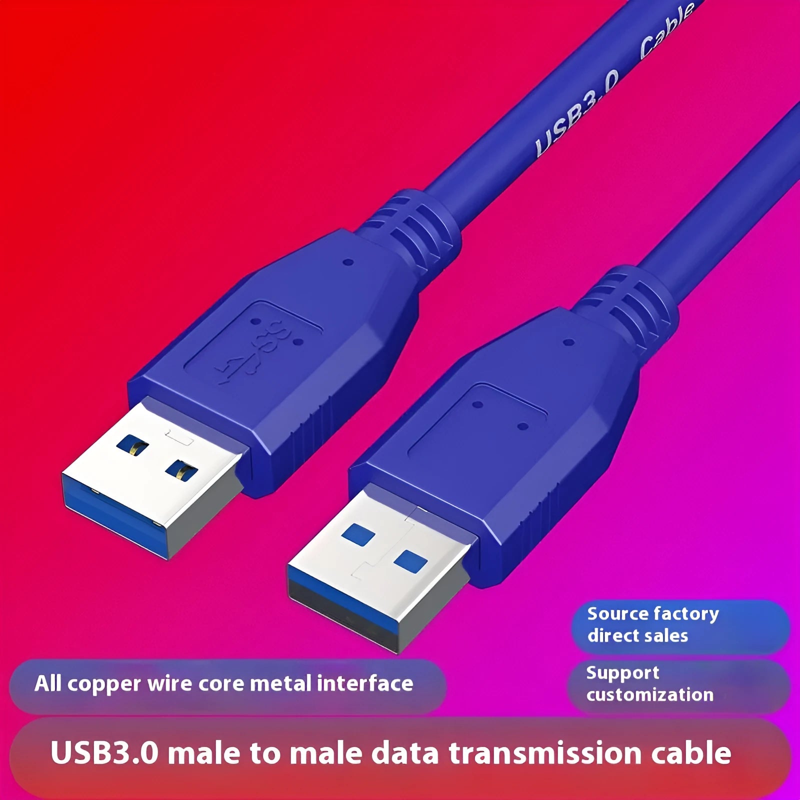 USB 3.0 male-to-male data cable with nickel-plated connectors for external hard drives