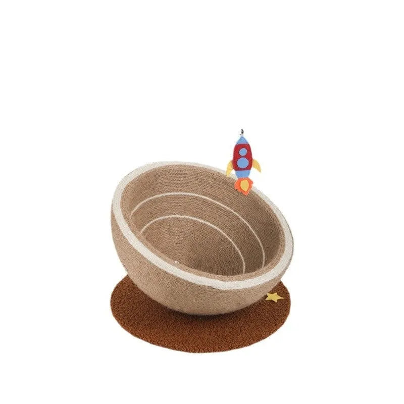 Large integrated cat scratching basin and nest with sisal rope surface and flannel-lined bed area in starlight colour