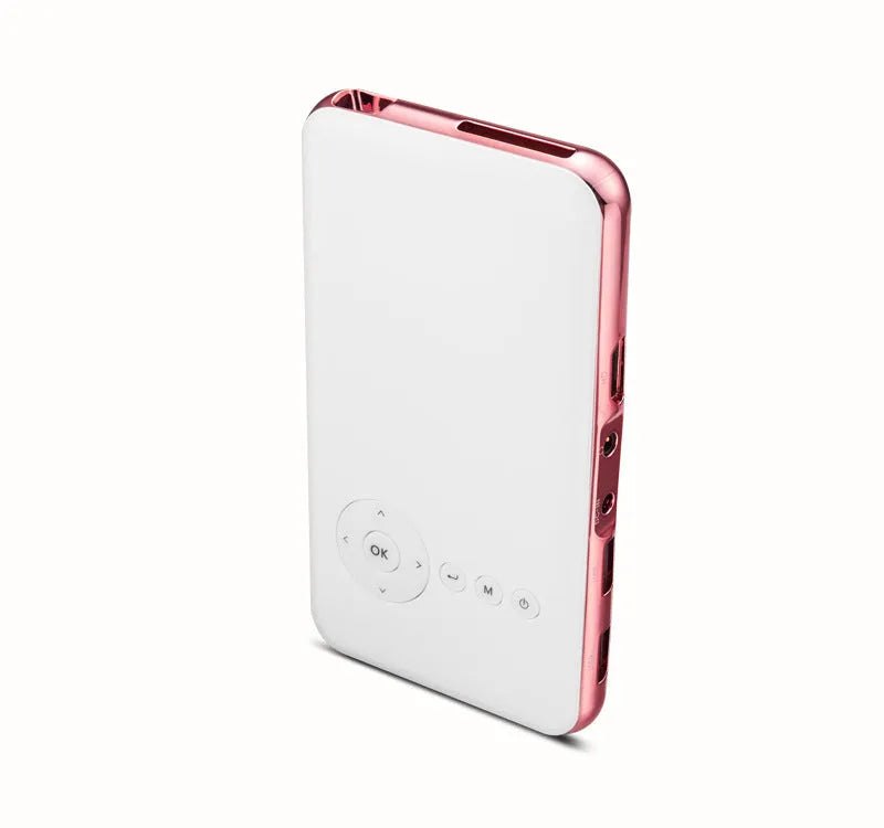 White rose gold miniature DLP Android projector showing compact 145mm design with smartphone connectivity