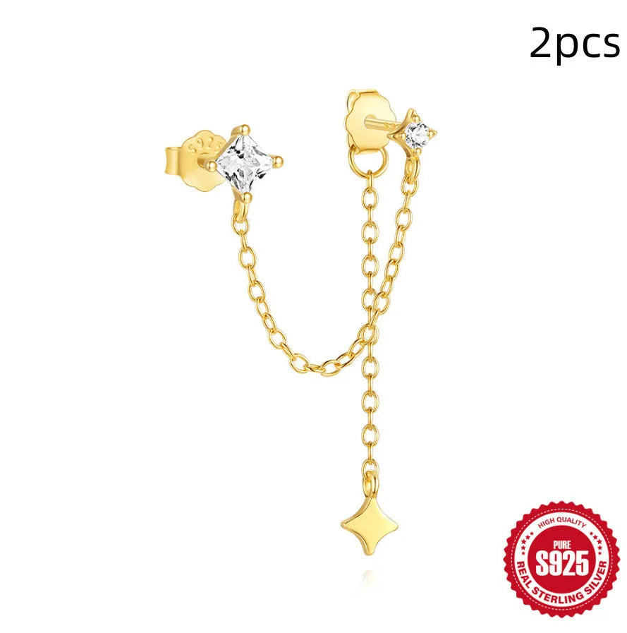 S925 sterling silver geometric chain stud earrings with zircon inlay in golden designs