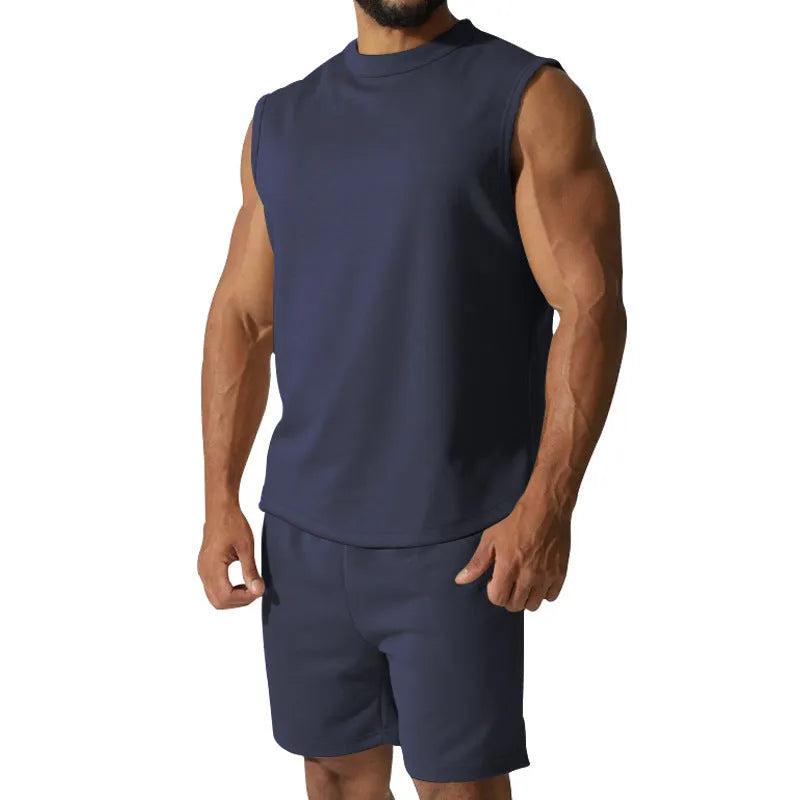 Men's sleeveless sports suit two-piece set in cotton blend fabric showing top and matching shorts