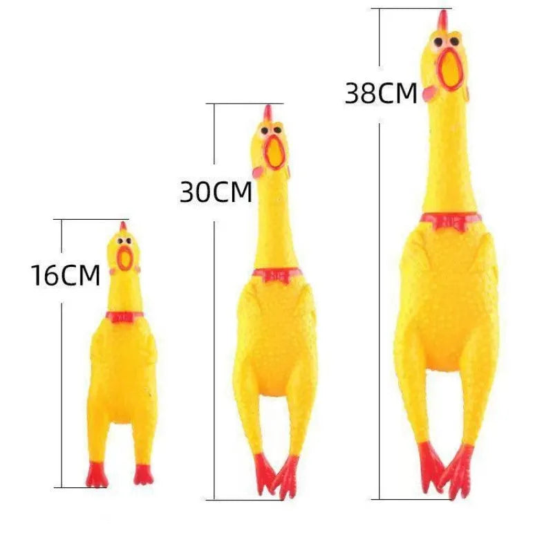 Yellow rubber screaming chicken dog chew toy showing three size options: small, medium, and large