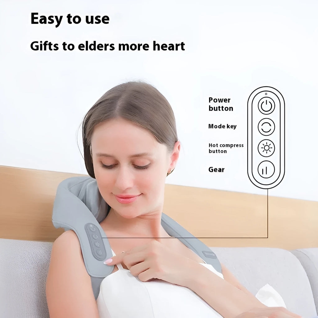 Grey elastic fabric covered neck and back massager with USB charging cable