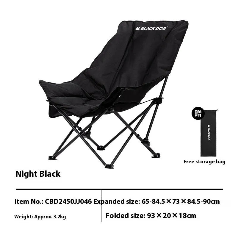 Night black portable camping recliner moon chair with Oxford cloth construction and adjustable backrest folded with carry bag