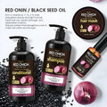 Four-piece red onion shampoo conditioner set with 500ml bottles, 250ml hair mask and 50ml essential oil