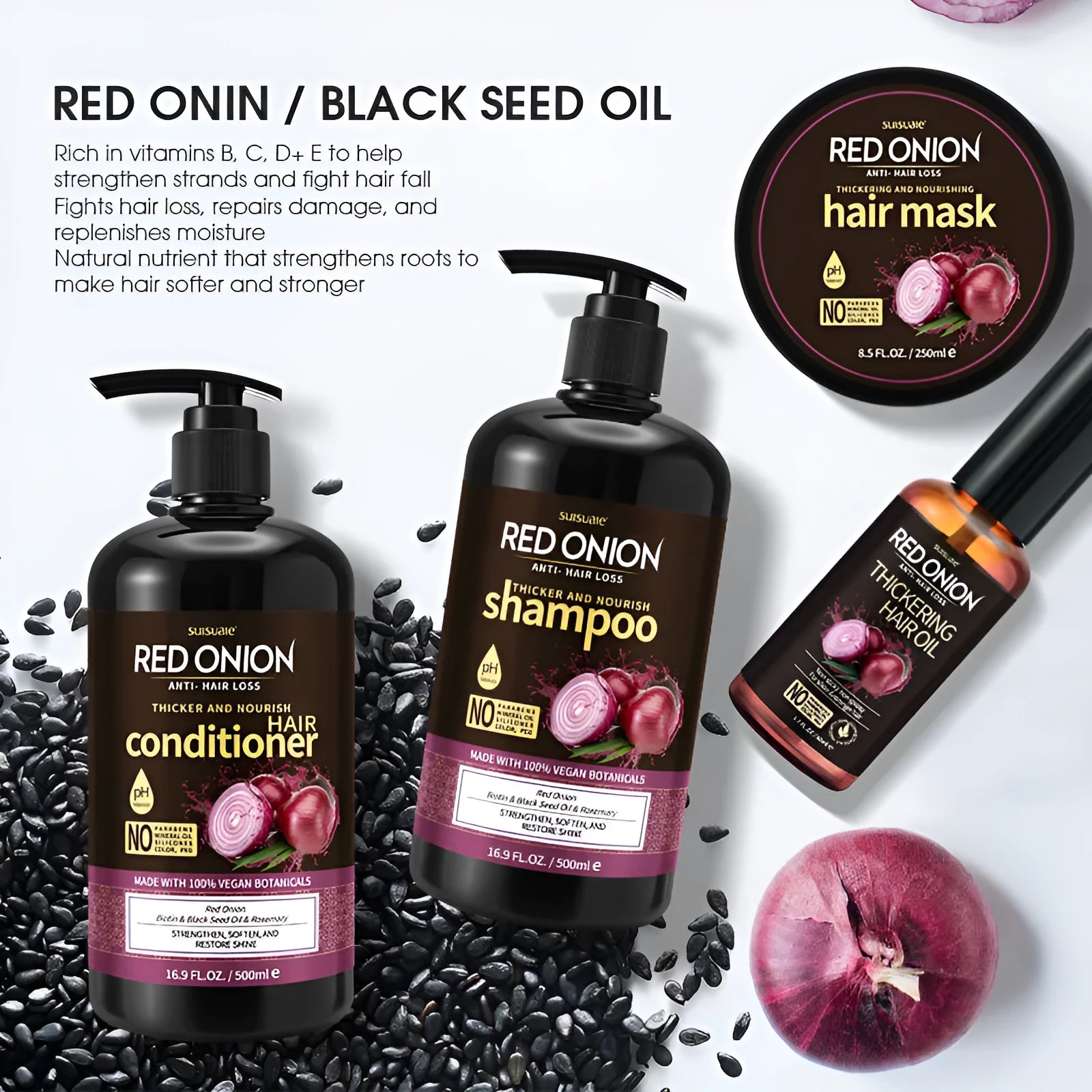Four-piece red onion shampoo conditioner set with 500ml bottles, 250ml hair mask and 50ml essential oil