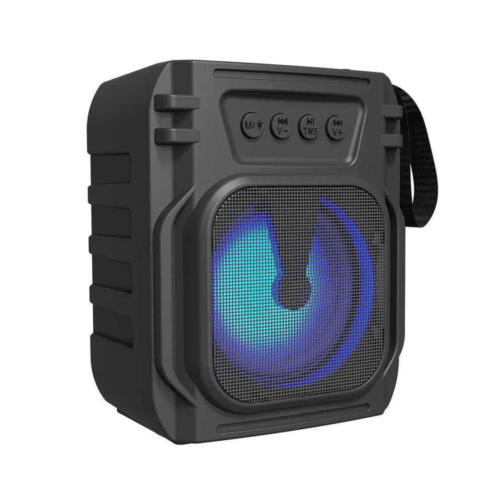 Portable Bluetooth speaker in colour 3107 showing compact 110mm size with USB charging cable