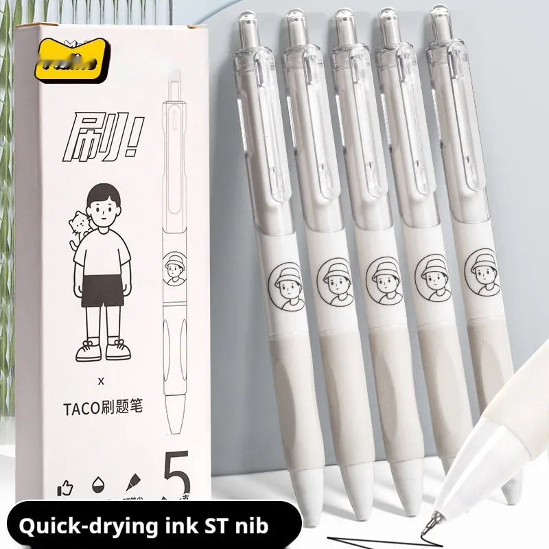 Five neutral black ballpoint pens with 0.5mm tips for student exam and writing use