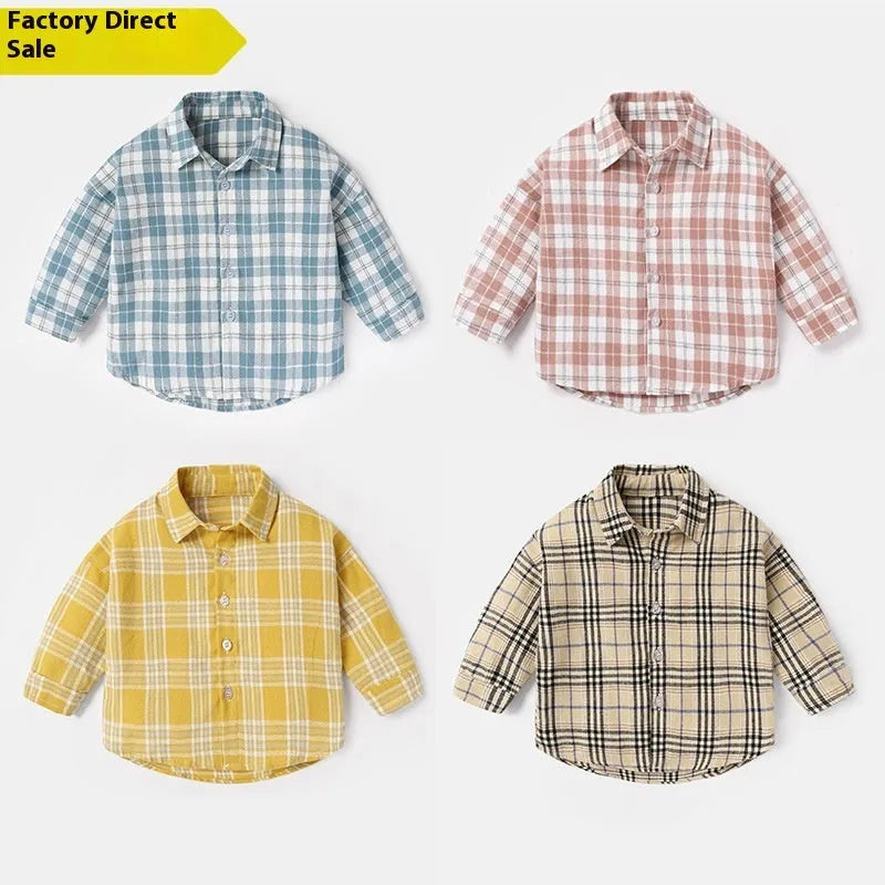 Boys' cotton lattice shirt with animal cartoon patterns in multiple colours