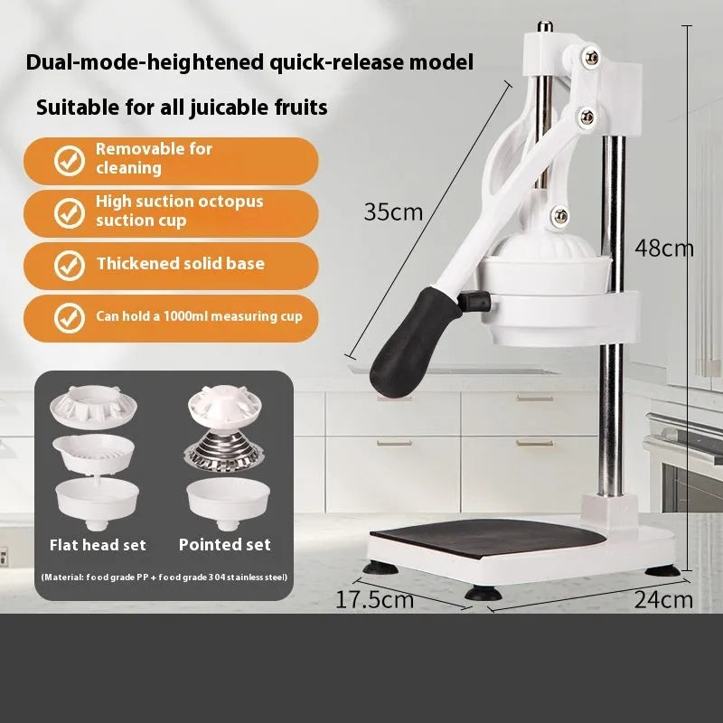 Stainless steel manual orange juicer with quick-disassembly design on countertop