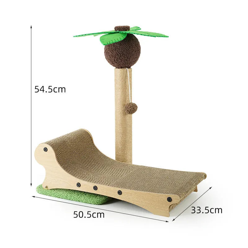 Wooden beach chair-style cat climbing frame with scratching posts and a woven hemp mat base.