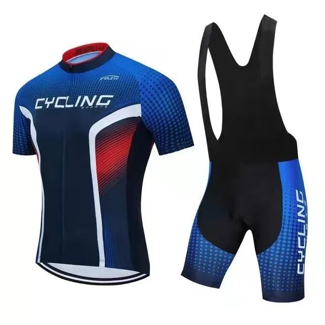 A short-sleeved cycling jersey and pants set for men and women, shown in one of seven available colour styles.