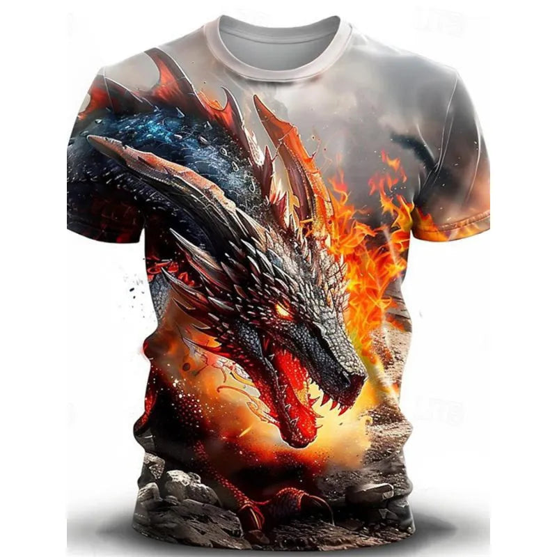 Men's grey T-shirt with detailed 3D wind dragon graphic print on front, short sleeves