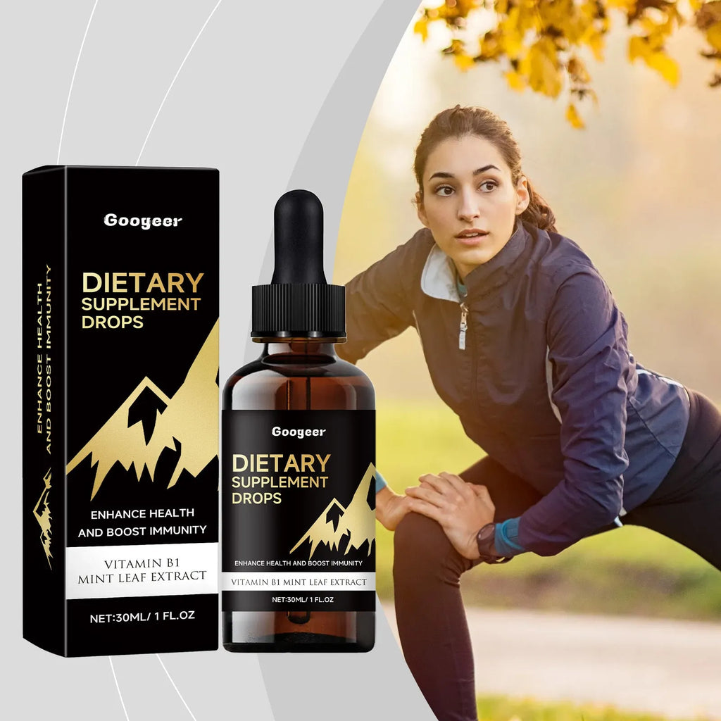 Bottle of dietary supplement drops with dropper for measured liquid nutrition servings