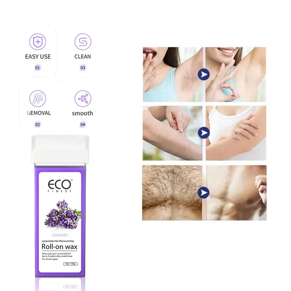 Pot of lavender-scented hair removal wax for body hair removal on legs, arms, underarms, and bikini line