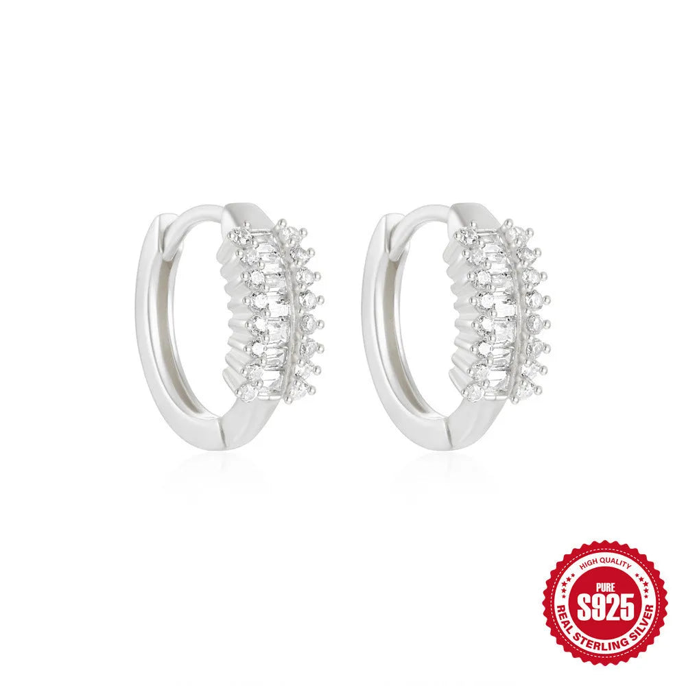 Sterling silver geometric stud earrings with small round diamond accent in gold or silver finish