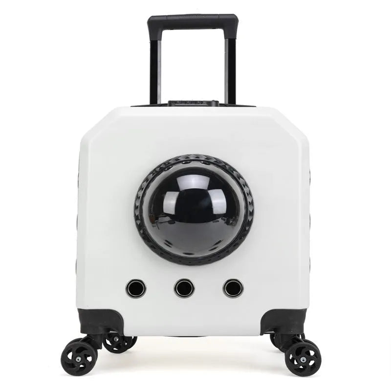 Hard PVC pet flight case in a choice of pink, burgundy, white, or orange colours, showing luggage compartment.