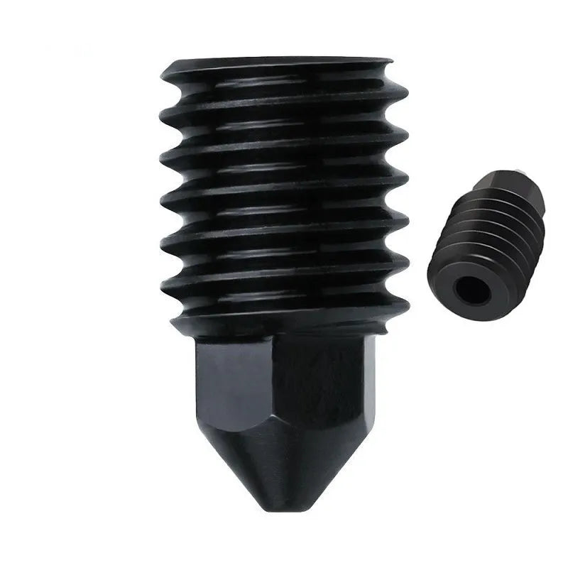 Bambu Lab A1 Mini 3D printer hardened steel nozzle hot end kit with four nozzle sizes and black silicone sleeves.