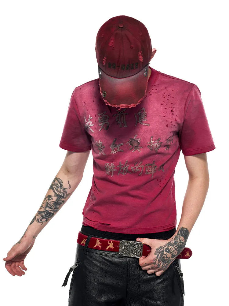 Men's red slim-fit t-shirt with distressed spray-washed fabric texture