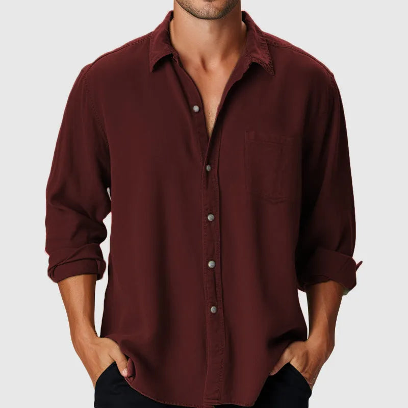 Men's loose fit beach shirt with stand collar and long sleeves in various colours