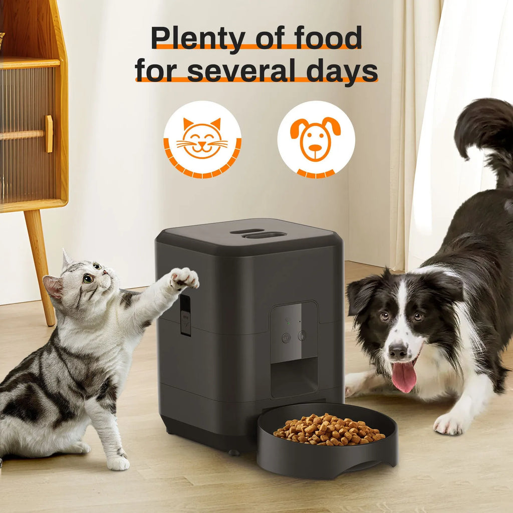 Automatic cat feeder with digital display and food storage compartment in white finish