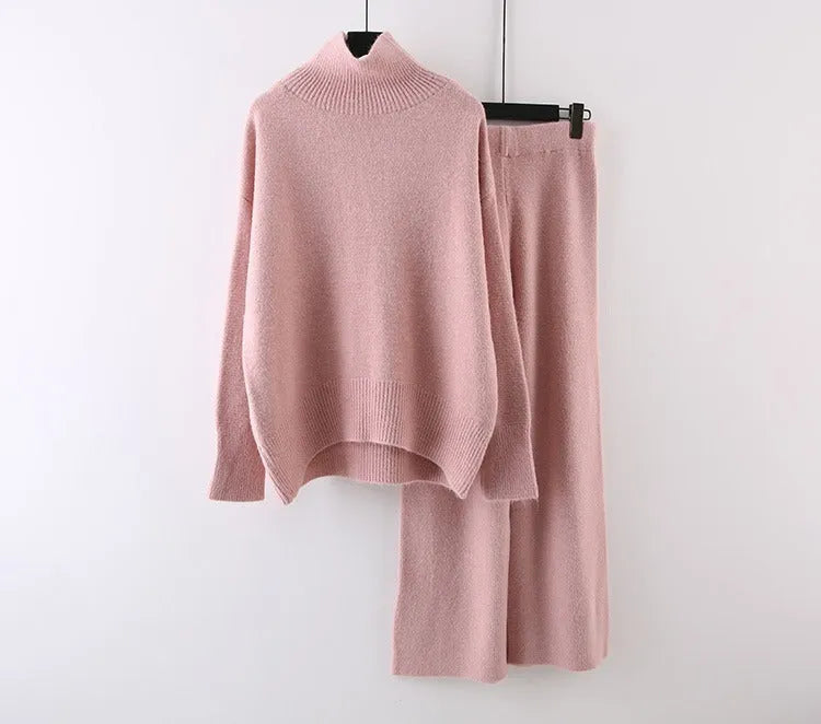Women's casual acrylic fibre two-piece set with long-sleeve sweater and wide-leg trousers in solid colour.