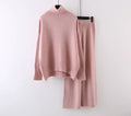 Women's casual acrylic fibre two-piece set with long-sleeve sweater and wide-leg trousers in solid colour.
