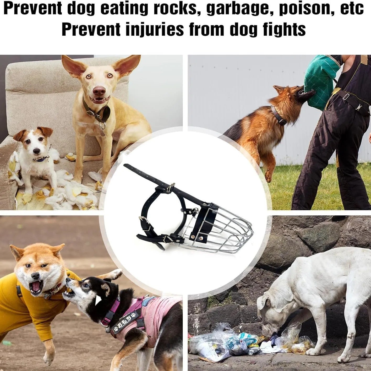 Black metal mesh basket dog muzzle for golden retriever or German shepherd with adjustable straps.