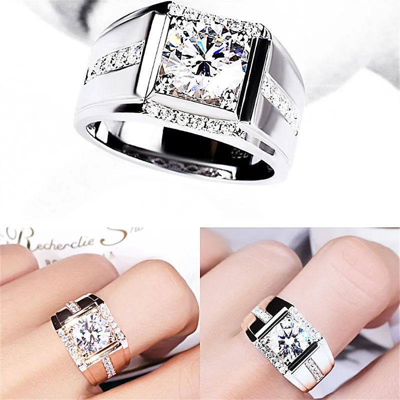 Men's adjustable geometric diamond ring with high carbon zircon in rose gold electroplated finish