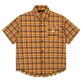 Yellow grid pattern short sleeve plaid shirt with embroidery pocket detail in loose fit