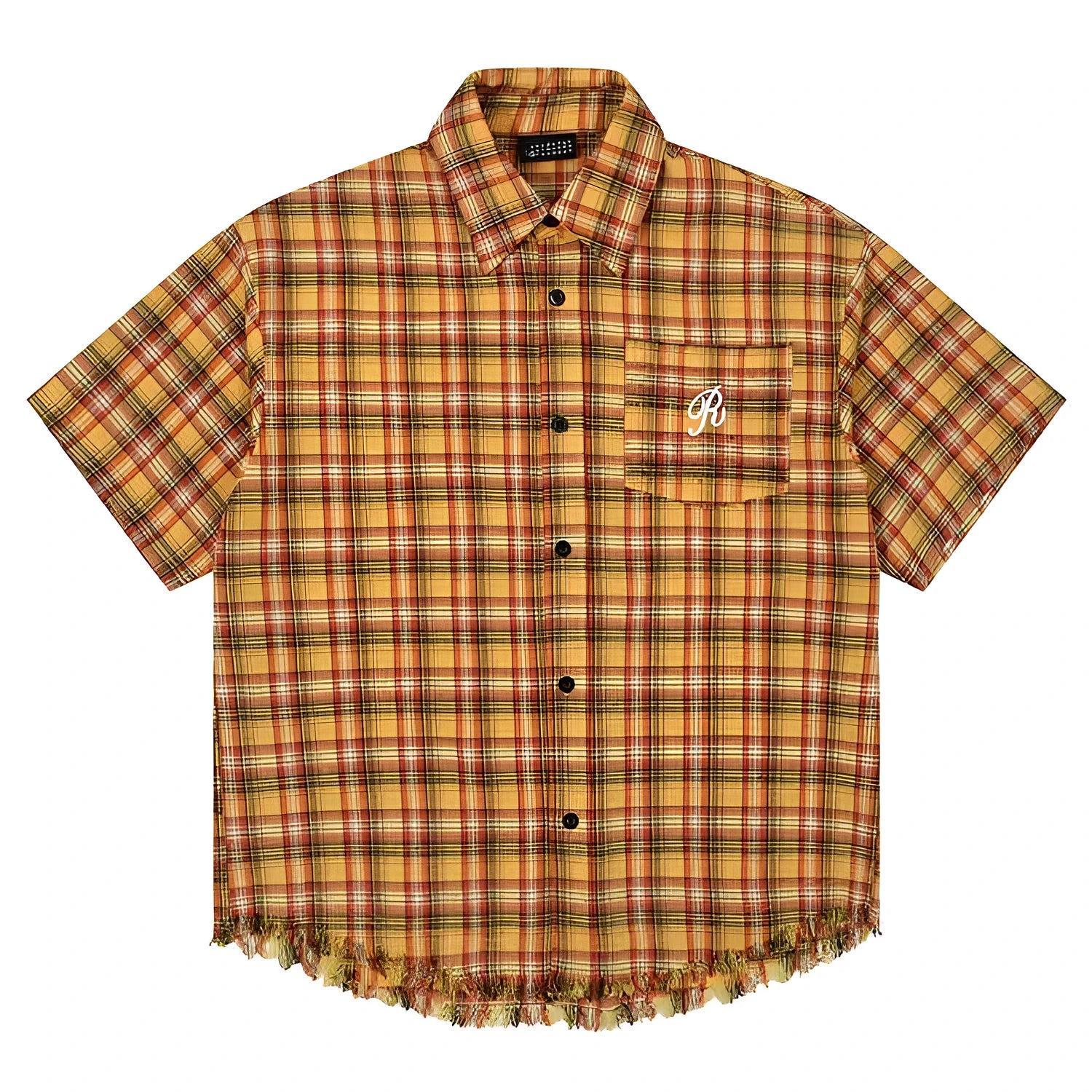 Yellow grid pattern short sleeve plaid shirt with embroidery pocket detail in loose fit