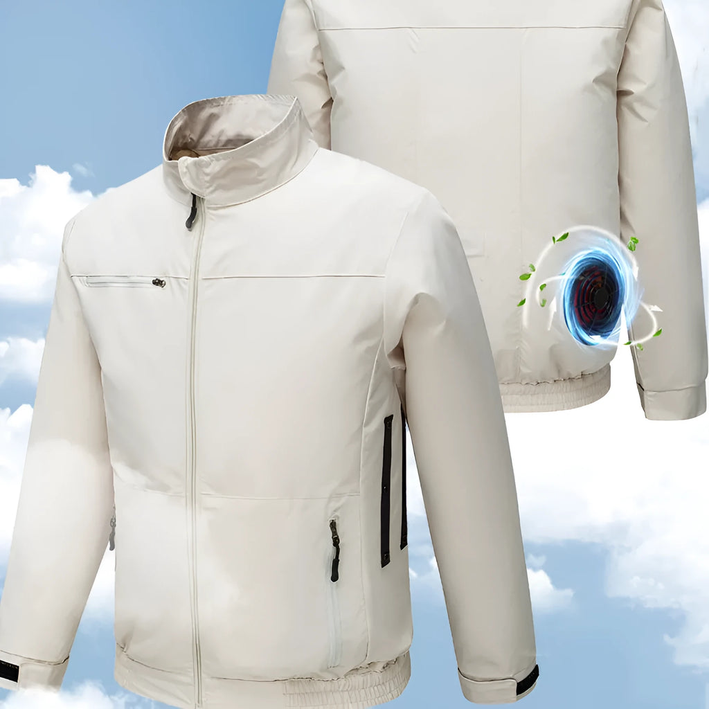 Men's black summer cooling work jacket with integrated fan and multiple ventilation holes on front.