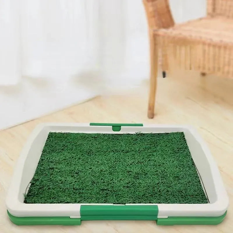 Green synthetic turf dog grass patch toilet with three-layer construction for indoor pet training