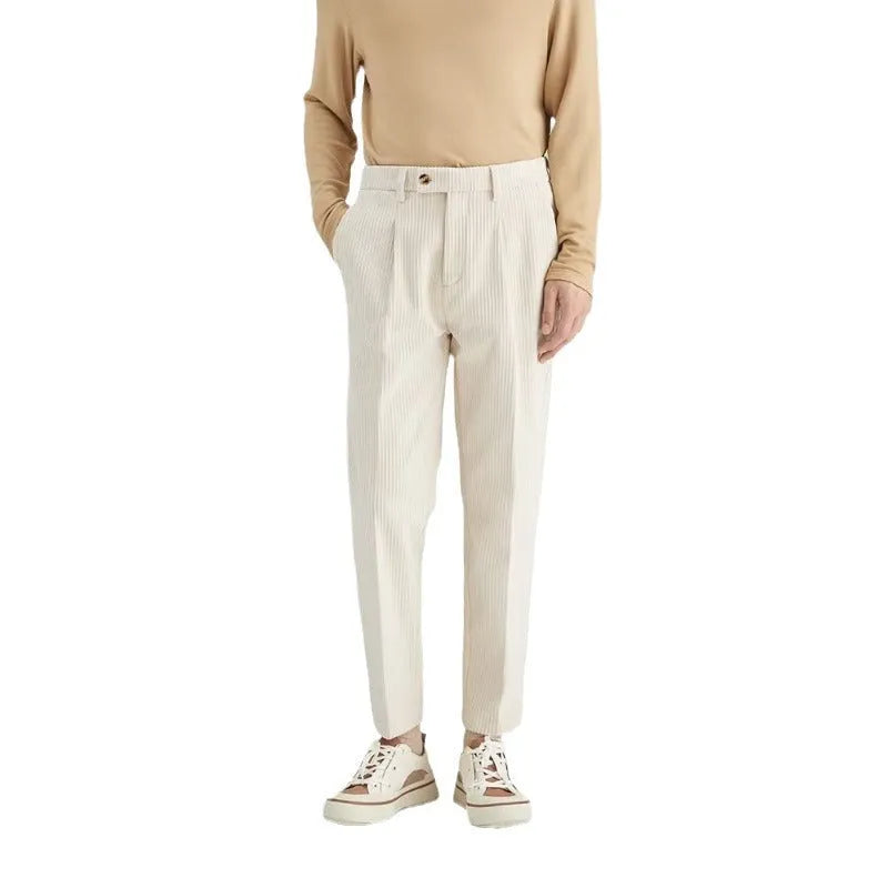 Men's straight-leg corduroy trousers in beige colour showing front view with mid-waist design
