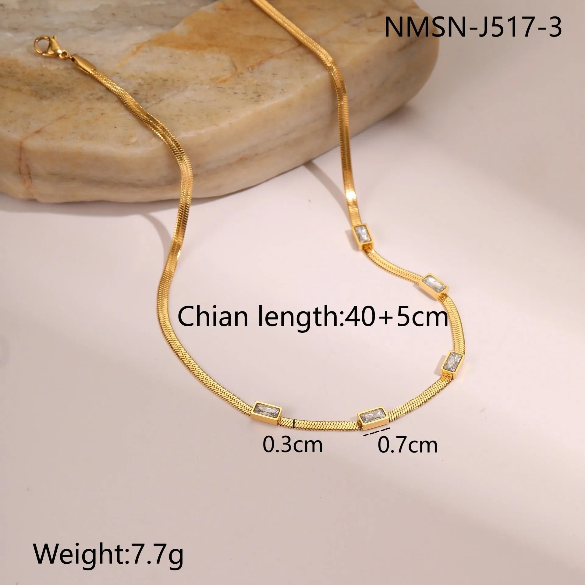 Retro geometric square zircon necklace in stainless steel with gold electroplating and flat snake-like chain links