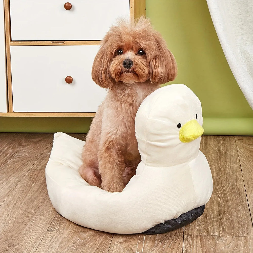 Duck-shaped fluffy pet bed in blue or white colours for small dogs and cats