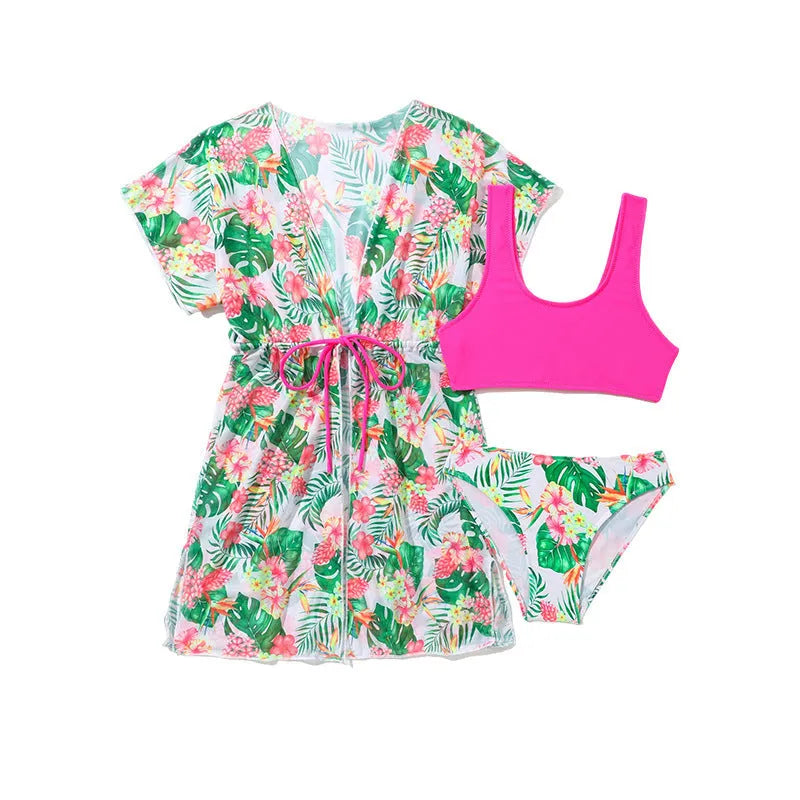 Girls' two-piece floral pattern swimsuit with polyester high elasticity fabric in available sizes