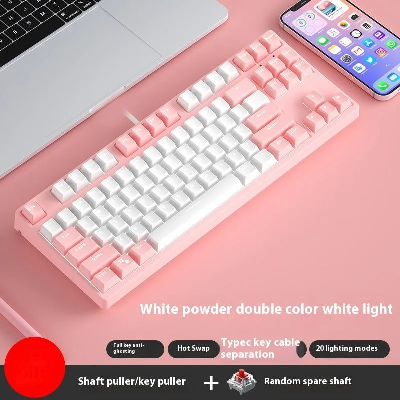 87-key wired mechanical keyboard with hot-swappable sockets showing colour options and included accessories