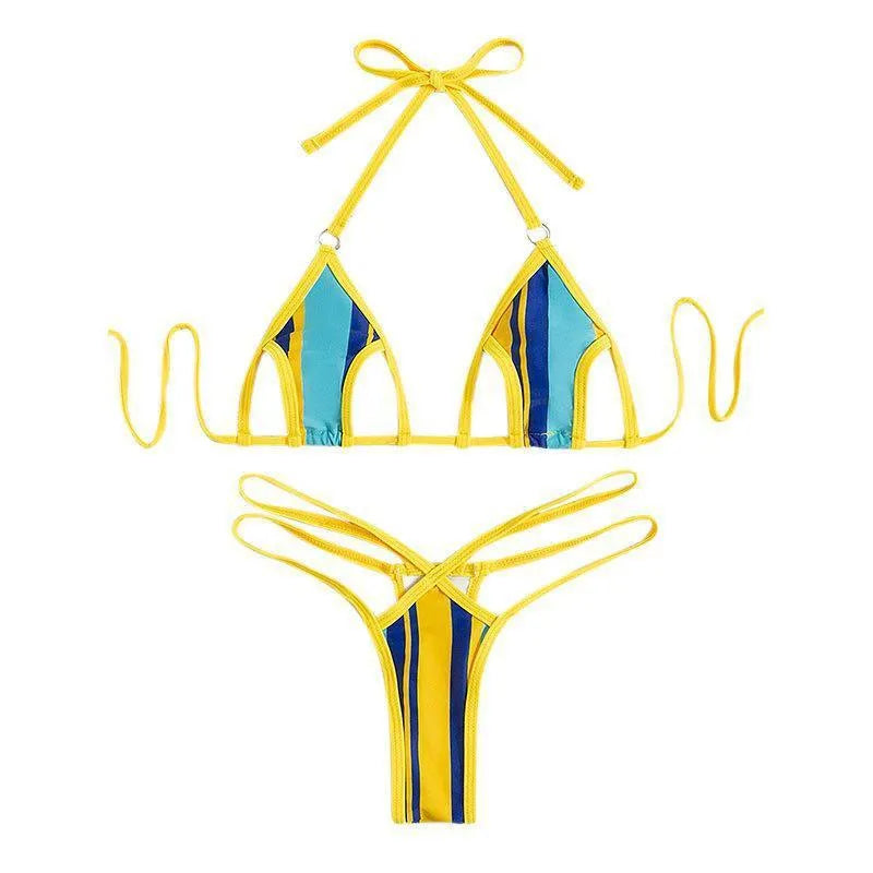 Yellow split swimsuit for women with neck-hanging backless top and high waist shorts