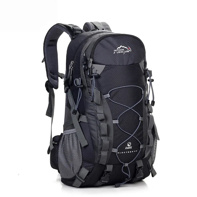 Polyester outdoor backpack in green colour showing dimensions and storage capacity