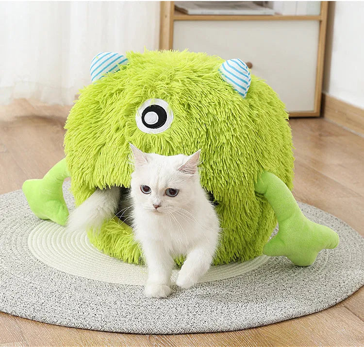 Fluffy round cat bed with plush cushion in three size options for indoor cats