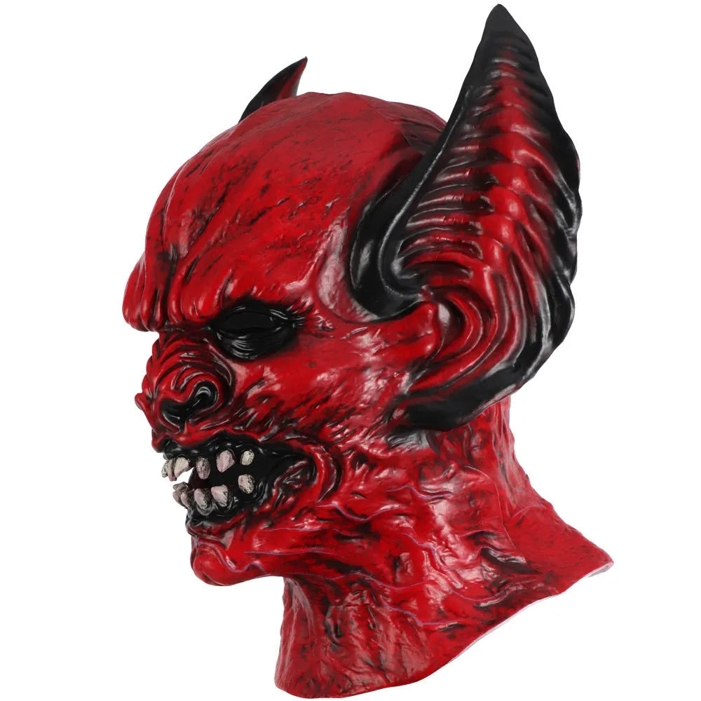 Red bat design party hood mask made from RP foam for horror costume dress-up.