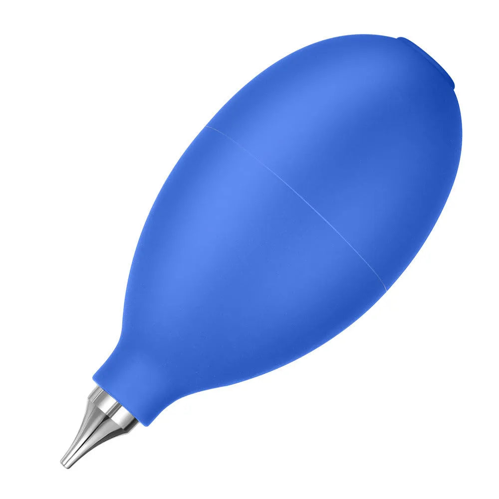 Blue rubber handheld dust blower cleaning tool for camera lenses and phones.