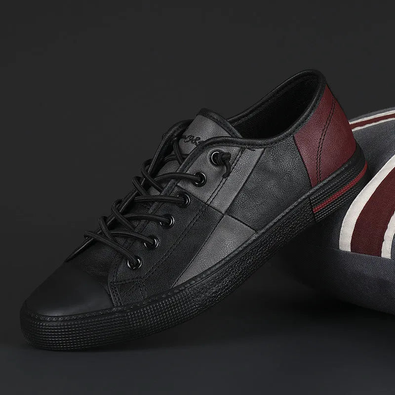 Men's colour-contrast leather shoes with microfiber upper and elastic band design in black and white combination