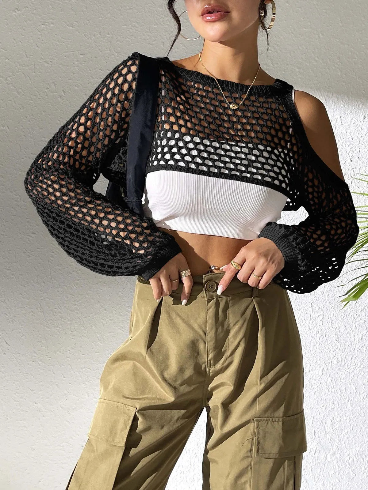 Sexy hollowed navel design mesh beach shirt shown in multiple colours including white, black, and army green.