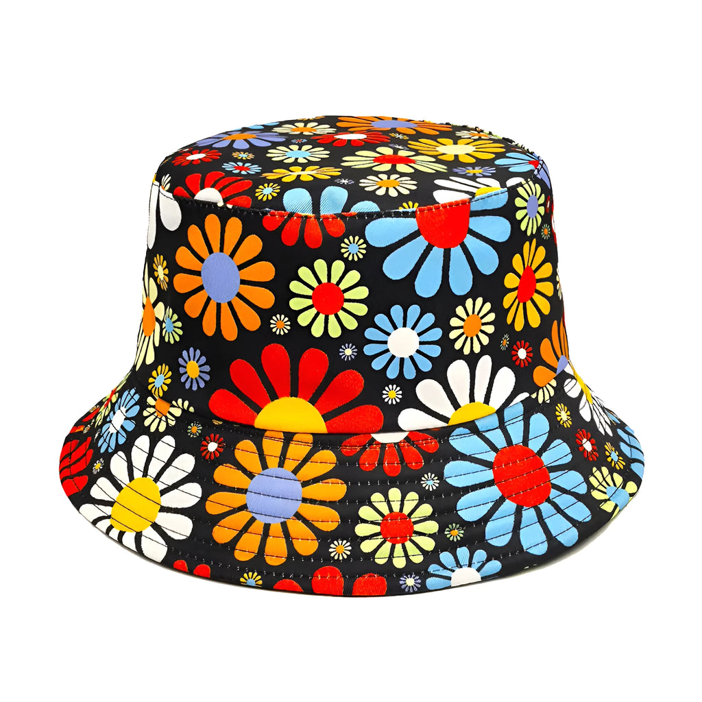 Colourful flower print polyester bucket hat with a dome crown on a neutral background.