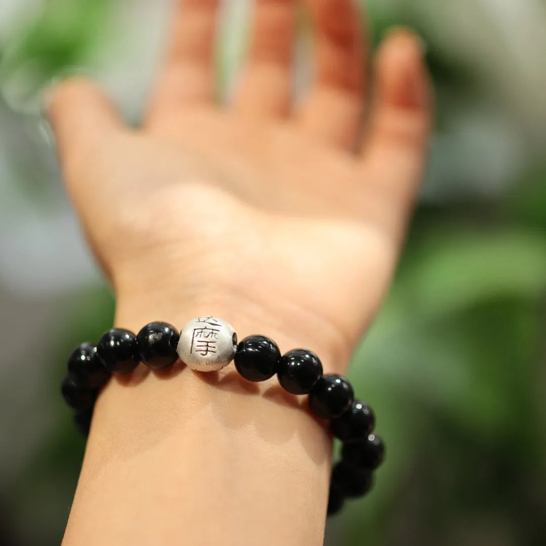 Natural black agate 10mm bead bracelet with sterling silver alloy components in Chinese style