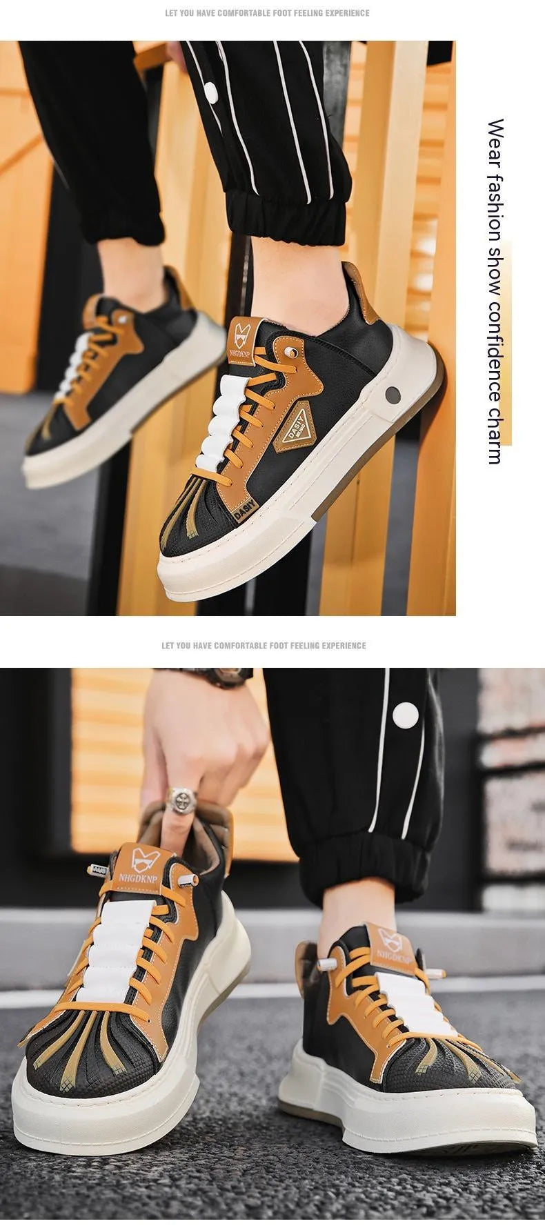 Men's beige low-top sneakers with elastic band and round toe on a white background